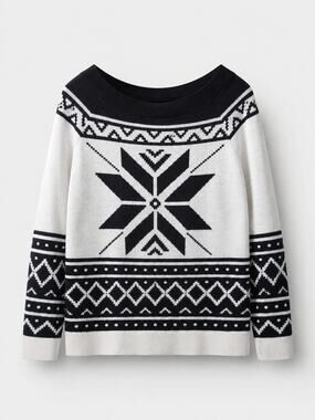 LOFT Fair Isle Snowflake Sweater Medium Wool Blend Navy Cream